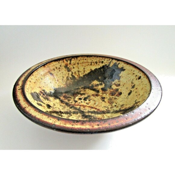 Vintage Signed MP Handmade Studio Art Pottery Bowl - Brown & Yellow Dish MCM - Picture 1 of 7
